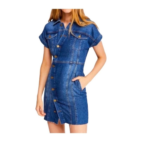 Free People Women’s The City Asymmetrical Blue Denim Jean Frayed Mini Dress Sz S - Picture 11 of 11